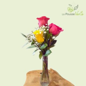 Les 3 roses de couleur et leur vase